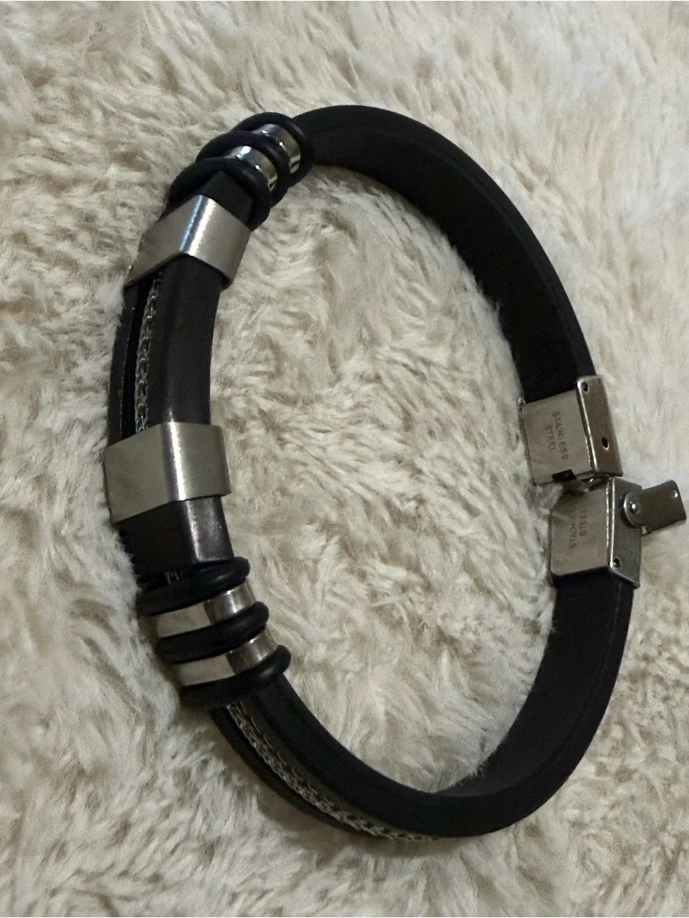 Men's Black Leather Bracelet with Silver Accents
